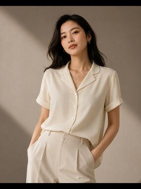 Women's Cream Short-Sleeve Button Down Shirt — Minimal Collar